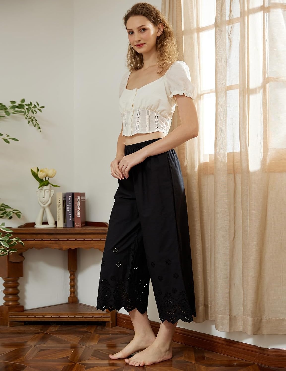 image:imageBEAUTELICATE Vintage Cotton Shorts Pettipants Culotte Slip Cropped Sleepwear Pants with Lace EdgeBlack