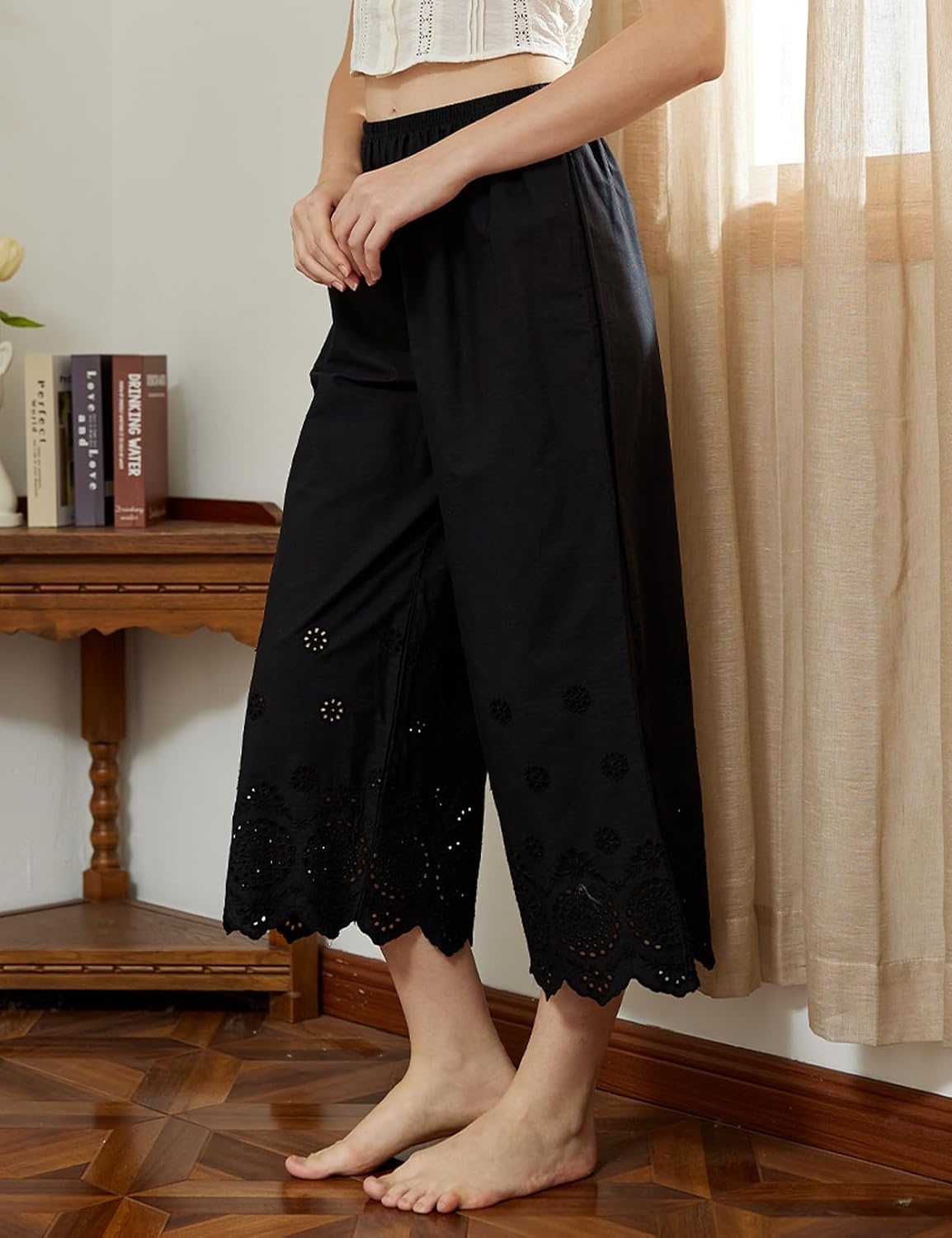 image:imageBEAUTELICATE Vintage Cotton Shorts Pettipants Culotte Slip Cropped Sleepwear Pants with Lace EdgeBlack
