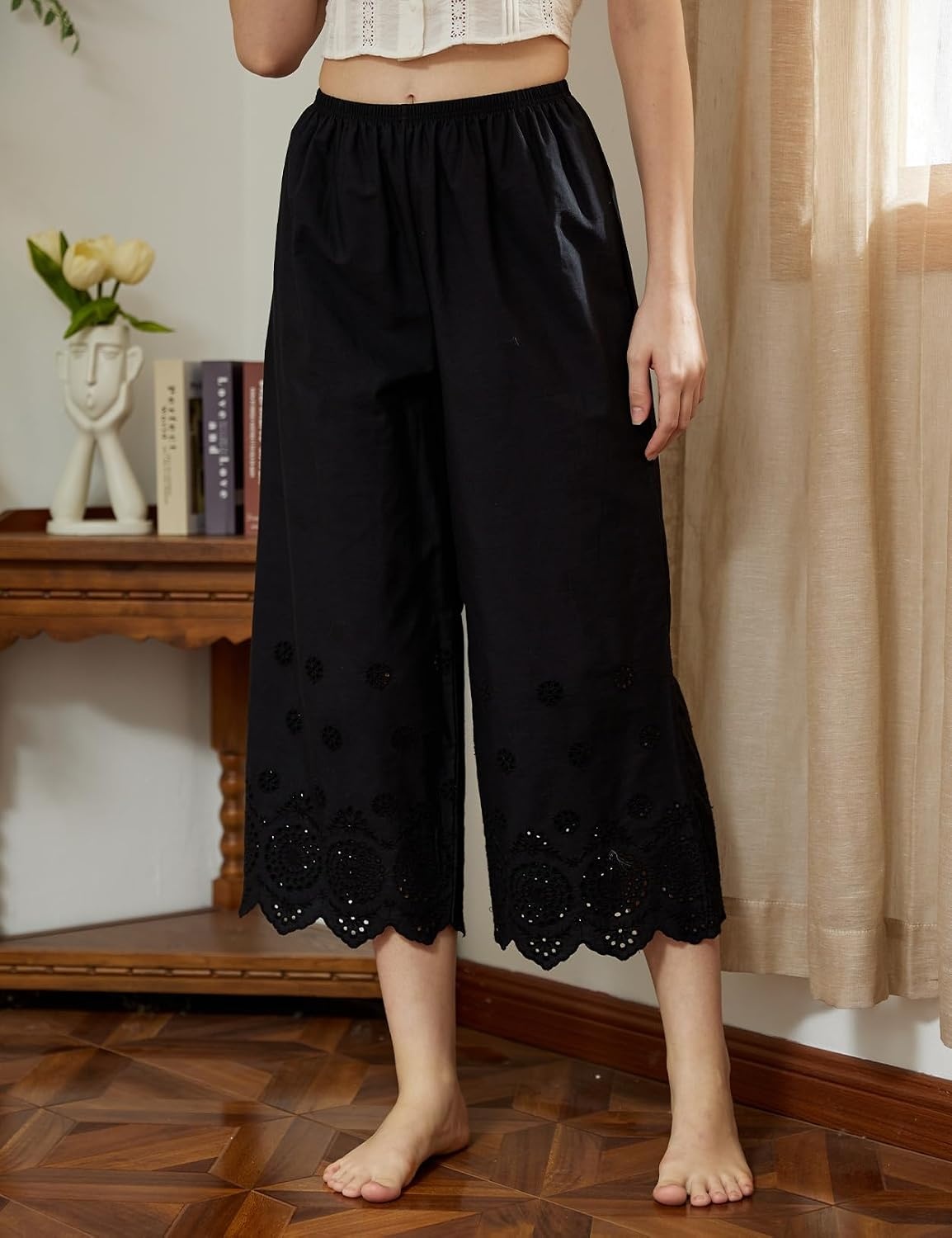 image:imageBEAUTELICATE Vintage Cotton Shorts Pettipants Culotte Slip Cropped Sleepwear Pants with Lace EdgeBlack