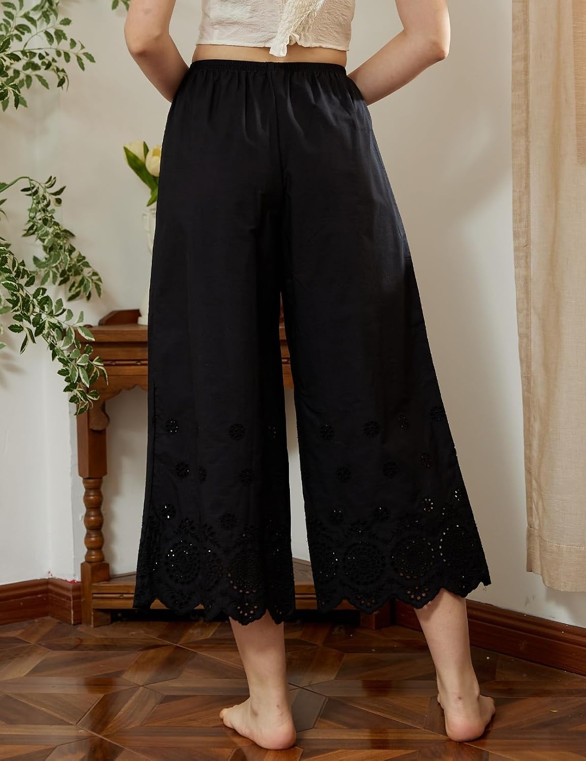 image:imageBEAUTELICATE Vintage Cotton Shorts Pettipants Culotte Slip Cropped Sleepwear Pants with Lace EdgeBlack