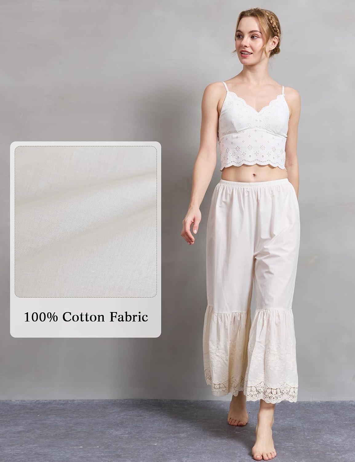 image:imageBEAUTELICATE Vintage Cotton Shorts Pettipants Culotte Slip Cropped Sleepwear Pants with Lace EdgeCream