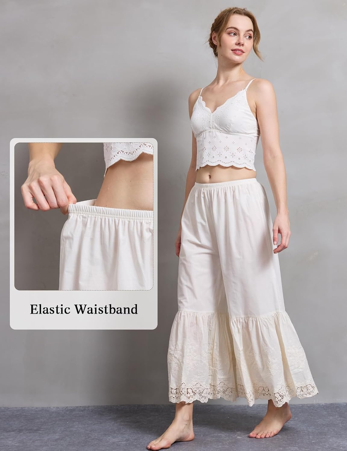 image:imageBEAUTELICATE Vintage Cotton Shorts Pettipants Culotte Slip Cropped Sleepwear Pants with Lace EdgeCream