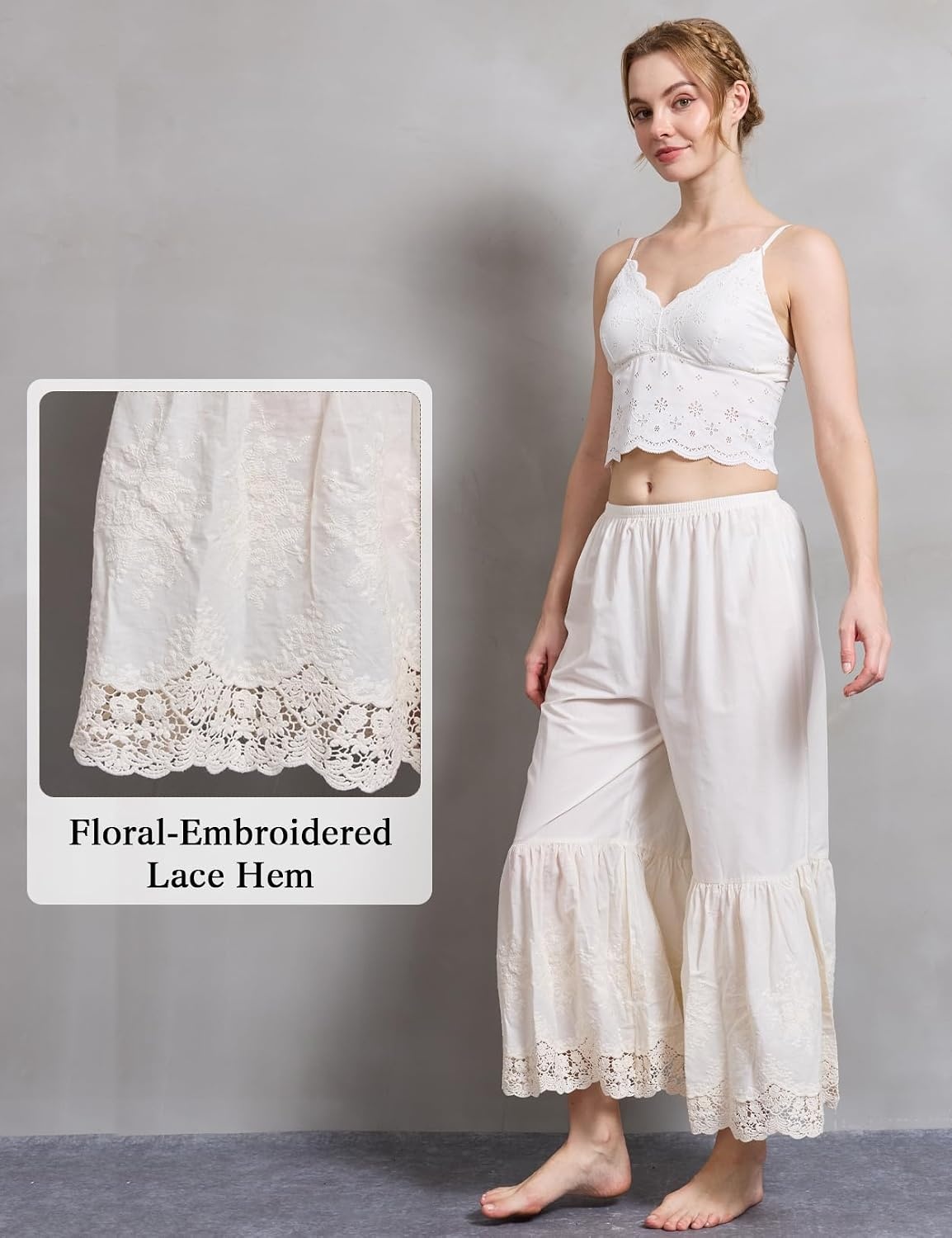image:imageBEAUTELICATE Vintage Cotton Shorts Pettipants Culotte Slip Cropped Sleepwear Pants with Lace EdgeCream