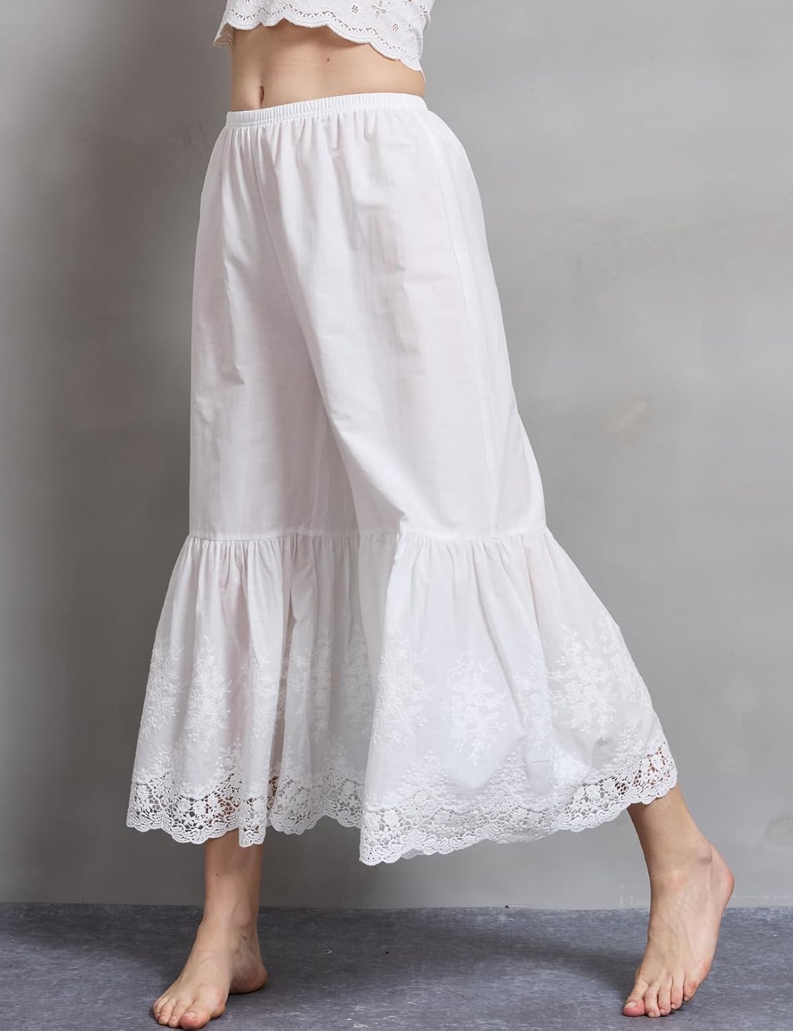 image:imageBEAUTELICATE Vintage Cotton Shorts Pettipants Culotte Slip Cropped Sleepwear Pants with Lace EdgeIvory