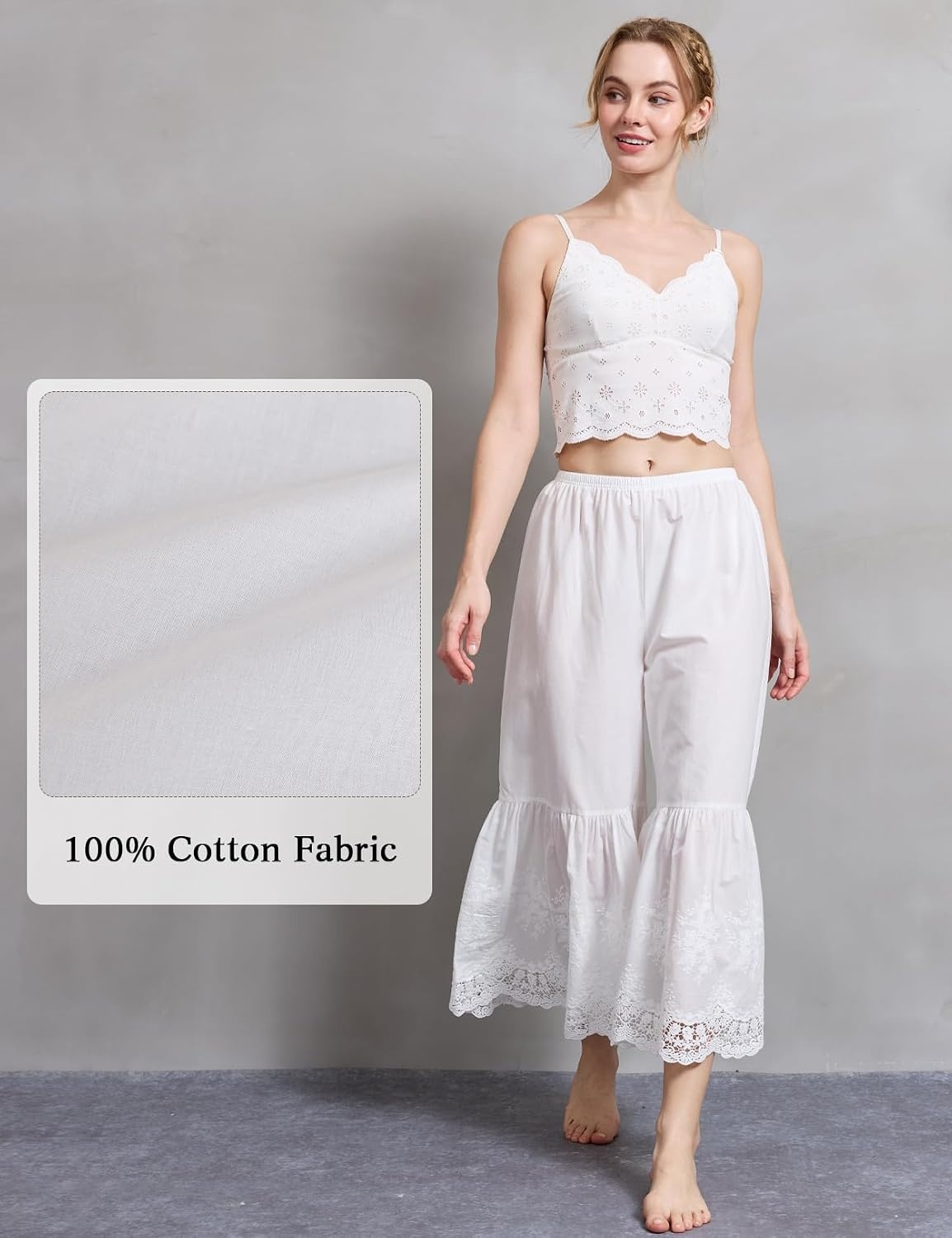 image:imageBEAUTELICATE Vintage Cotton Shorts Pettipants Culotte Slip Cropped Sleepwear Pants with Lace EdgeIvory