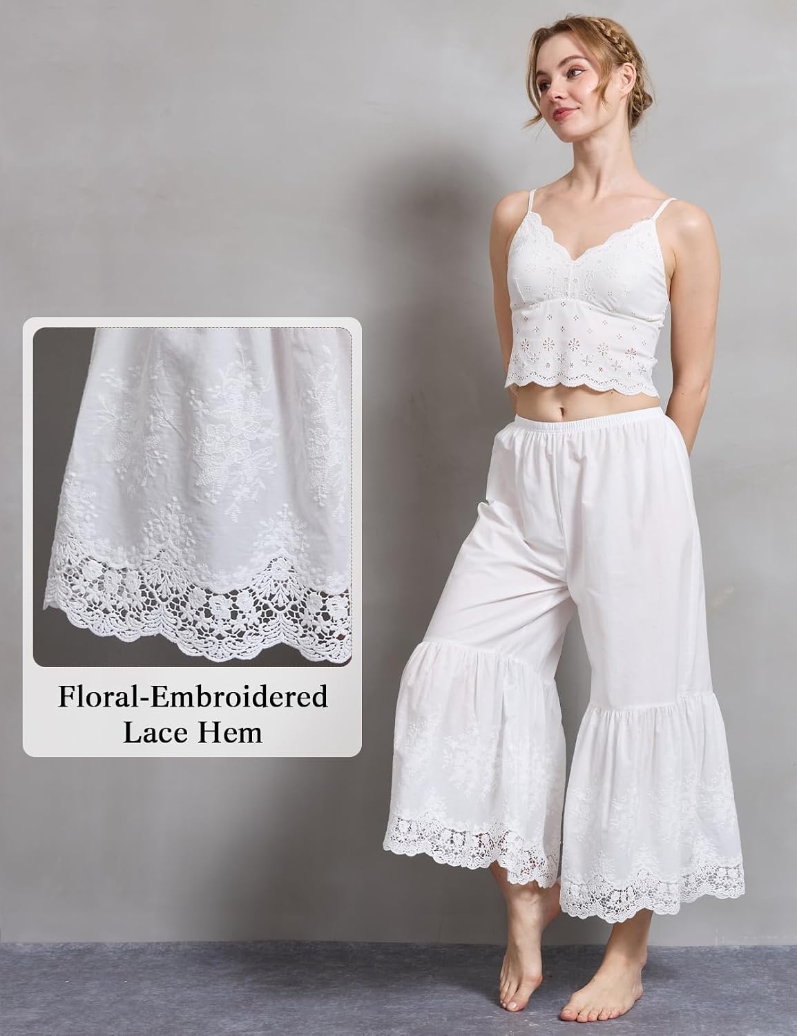 image:imageBEAUTELICATE Vintage Cotton Shorts Pettipants Culotte Slip Cropped Sleepwear Pants with Lace EdgeIvory