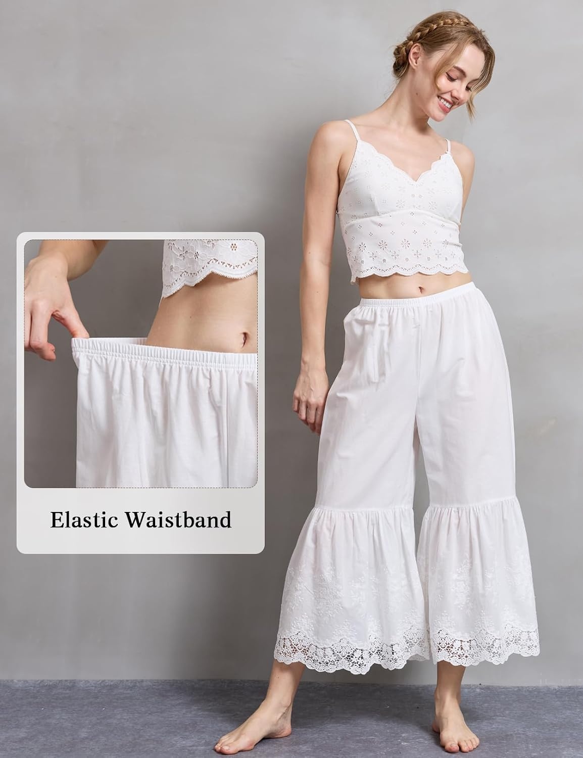 image:imageBEAUTELICATE Vintage Cotton Shorts Pettipants Culotte Slip Cropped Sleepwear Pants with Lace EdgeIvory