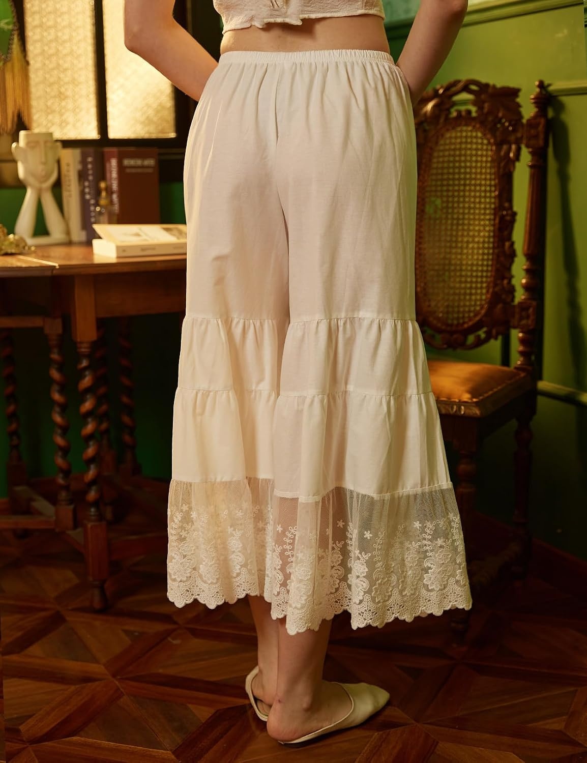 image:imageBEAUTELICATE Women Cotton Batiste Culotte Slip Pettipants Lace Trim Vintage Wide Leg Half SlipIvory
