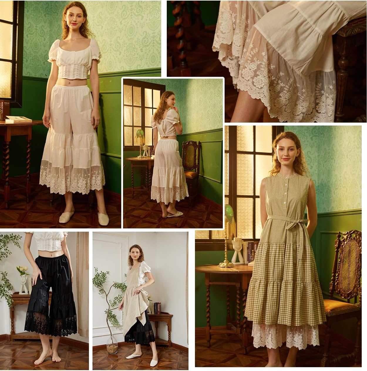 image:imageBEAUTELICATE Women Cotton Batiste Culotte Slip Pettipants Lace Trim Vintage Wide Leg Half SlipIvory
