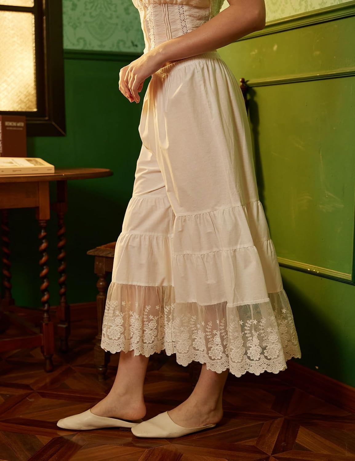 image:imageBEAUTELICATE Women Cotton Batiste Culotte Slip Pettipants Lace Trim Vintage Wide Leg Half SlipIvory