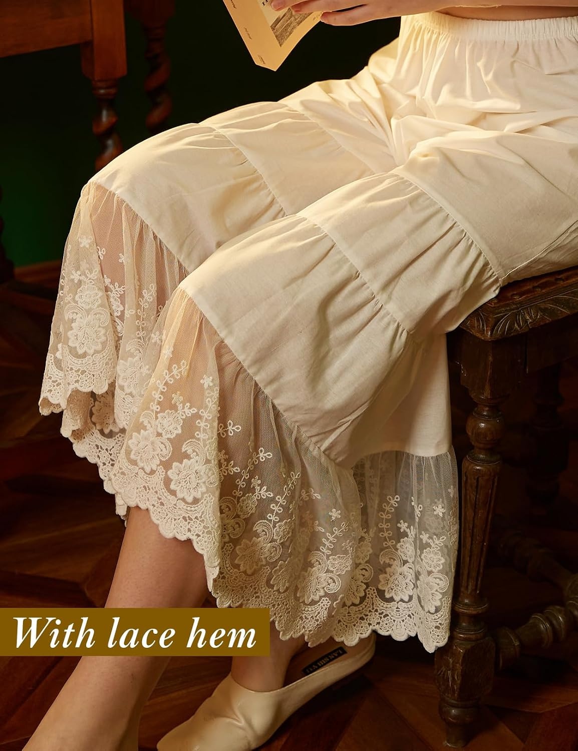 image:imageBEAUTELICATE Women Cotton Batiste Culotte Slip Pettipants Lace Trim Vintage Wide Leg Half SlipIvory