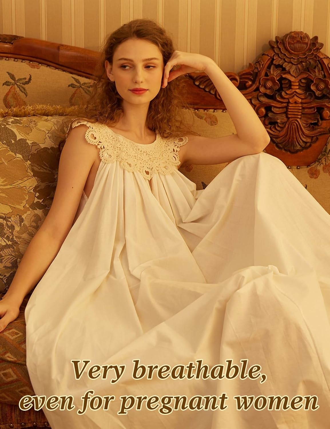 image:imageVictorian Nightgown for Women Vintage Nightie 100 Cotton Sleeveless Sleepwear Long DressIvory