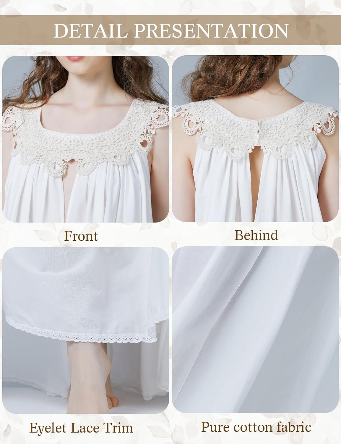 image:imageVictorian Nightgown for Women Vintage Nightie 100 Cotton Sleeveless Sleepwear Long DressIvory