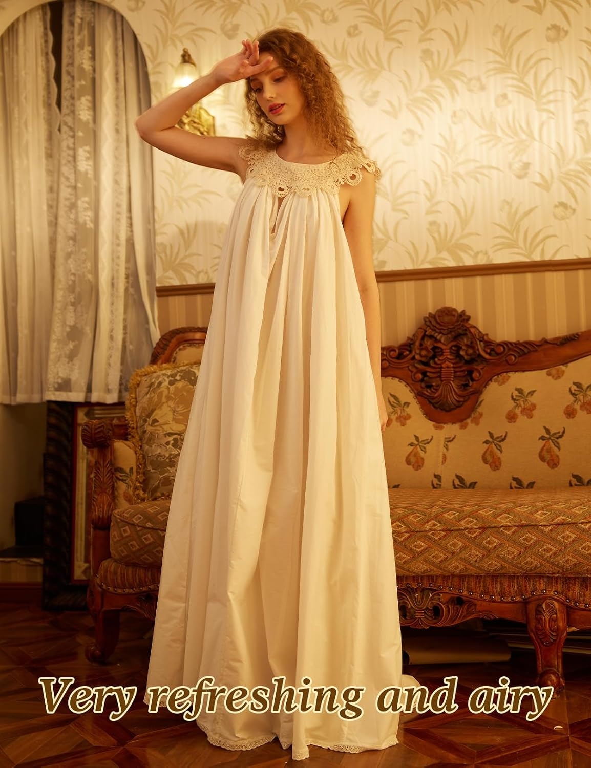 image:imageVictorian Nightgown for Women Vintage Nightie 100 Cotton Sleeveless Sleepwear Long DressIvory