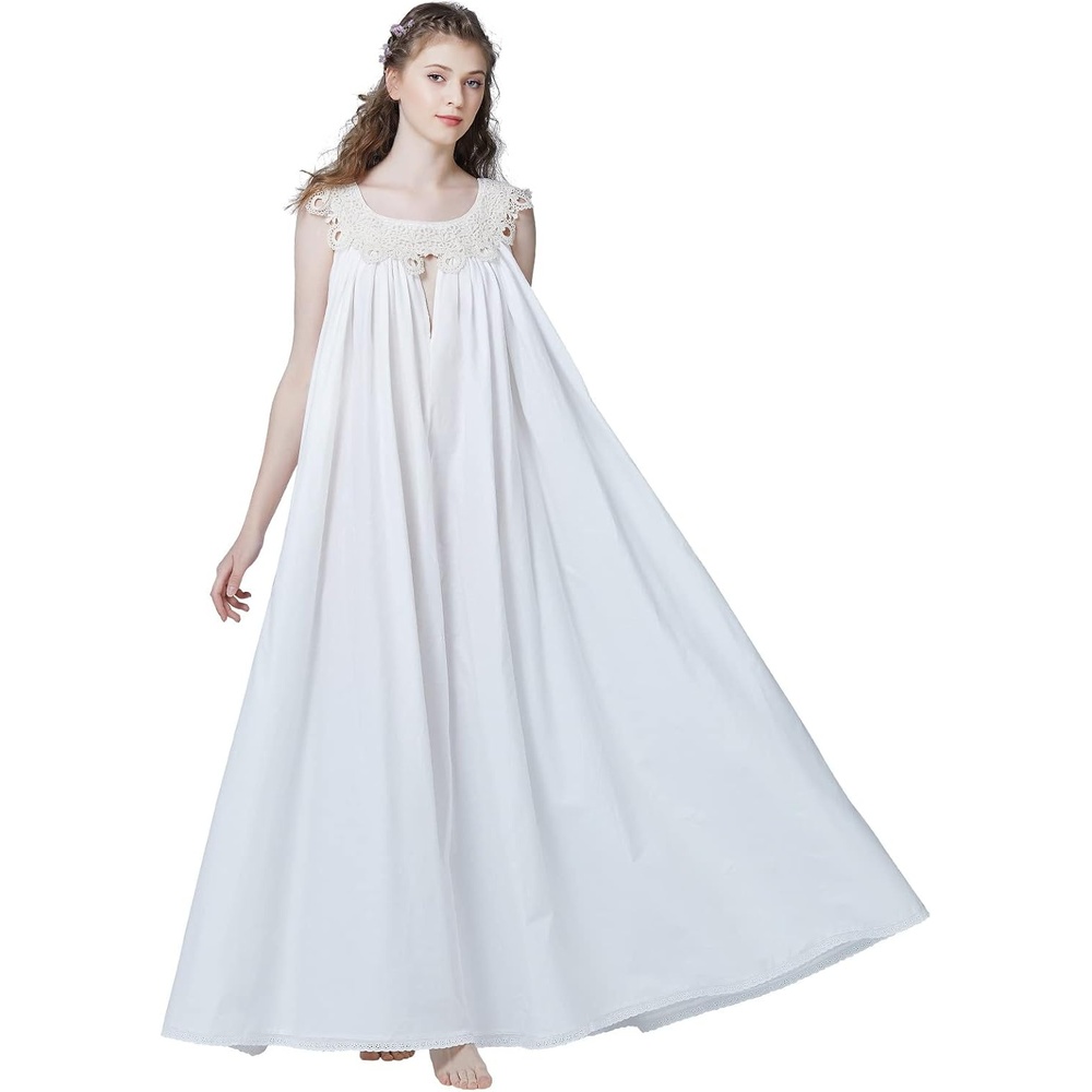 image:imageVictorian Nightgown for Women Vintage Nightie 100 Cotton Sleeveless Sleepwear Long DressIvory