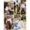 image:imageBEAUTELICATE Renaissance Shirt for Women 34 Sleeve Elastic Cuff 100 Cotton Round Neck Peasant BlouseOffwhite