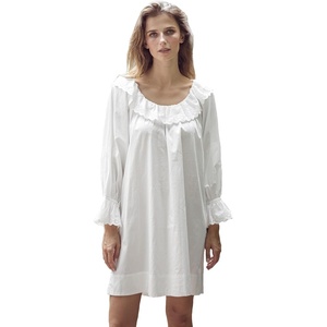 image:imageBEAUTELICATE 100 Cotton Women Renaissance Peasant NightGown Shirt Ruffled Sleeve Round Collar with Lace Trim OffWhite