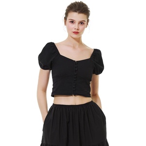 image:imageBEAUTELICATE Renaissance Shirt White Crop Tops for Women Puff Sleeve Blouse for Women Decorative ButtonBlack