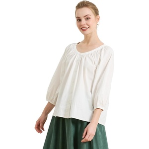 image:imageBEAUTELICATE Renaissance Shirt for Women 34 Sleeve Elastic Cuff 100 Cotton Round Neck Peasant BlouseOffwhite