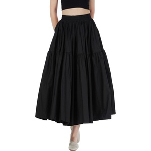 image:imageBEAUTELICATE Women 100 Cotton Maxi Skirt Elastic Waist Two Side Pocket Casual Pleated SkirtBlack