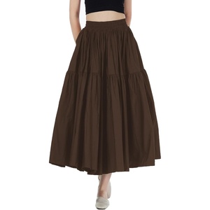 image:imageBEAUTELICATE Women 100 Cotton Maxi Skirt Elastic Waist Two Side Pocket Casual Pleated SkirtBrown