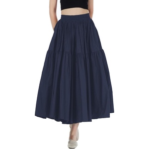 image:imageBEAUTELICATE Women 100 Cotton Maxi Skirt Elastic Waist Two Side Pocket Casual Pleated SkirtNavy Blue
