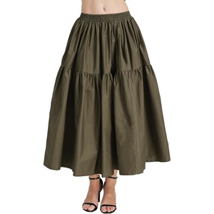 image:imageBEAUTELICATE Women 100 Cotton Maxi Skirt Elastic Waist Two Side Pocket Casual Pleated SkirtOlive Green