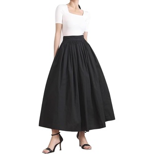 image:imageBEAUTELICATE Women Long Cotton Skirt with Lining Elastic Waist 2 Pockets ALine Bohemia Pleated SkirtBlack