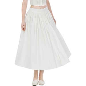 image:imageBEAUTELICATE Women Long Cotton Skirt with Lining Elastic Waist 2 Pockets ALine Bohemia Pleated SkirtIvory