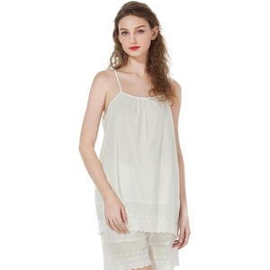 image:imageBEAUTELICATE Women Night Shirts 100 Cotton Slip Adjustable Strap Sleepwear Sleeveless Embroidery Lace TrimCream