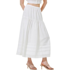 image:imageBEAUTELICATE Womens Long White Cotton ALine Lace Trim Pintuck Tier SkirtIvory