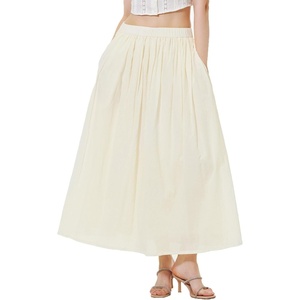 image:imageBEAUTELICATE Womens White Cotton Maxi Skirt Elastic Waistband Ankle Length Skirts with Pockets A Line SkirtBeige