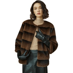 image:imageBEAUTELICATE Jackets for Women Faux Mink Fur 34 Sleeve 2 Pockets Shaggy Warm Outerwear Coats WinterBrown Stripe