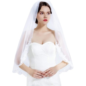 image:imageBEAUTELICATE Wedding Bridal Veil with Comb 1 Tier Lace Applique EdgeWhite  Fingertip Length 36