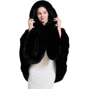 image:imageBEAUTELICATE Womens Party Faux Fox Fur Long Shawl Cloak Hooded Cape CoatBlack