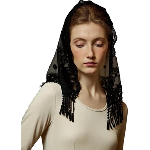 image:imageBEAUTELICATE Vintage Lace Chapel Veil Tassel Trim Mass Headcovering Catholic Church Veil Elegant Retro Bridal AccessoryBlack