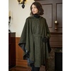 image:imageBEAUTELICATE Women Tweed Hooded Belted Cloak Buttons Closure Sleeveless Satin Lining Wool PonchoMoss Green