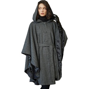 image:imageBEAUTELICATE Women Tweed Hooded Belted Cloak Buttons Closure Sleeveless Satin Lining Wool PonchoBlack Grey