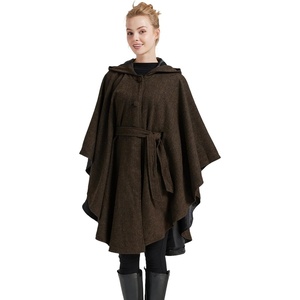 image:imageBEAUTELICATE Women Tweed Hooded Belted Cloak Buttons Closure Sleeveless Satin Lining Wool PonchoBrown