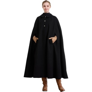 image:imageBEAUTELICATE Wool Blend Cloak Slit Sleeve 2 Pockets TurnDown Collar Fleece Cloak Winter CapeBlack