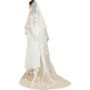 image:imageBEAUTELICATE Blusher Veil Cathedral Wedding Veil 2 Tiers Pearl Veil Butterfly with CombOffwhite