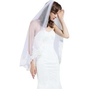 image:imageBEAUTELICATE Wedding Bridal Veil with Comb 1 Tier Half Lace Applique Edge Fingertip Length 36White  Fingertip Length 36