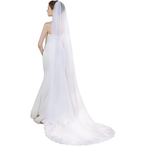 image:imageBEAUTELICATE Wedding Bridal Veil with Comb 1 Tier Lace AppliqueWhite  Chapel 90  Lace at the Bottom