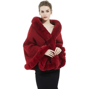 image:imageBEAUTELICATE Women Faux Fur Shawl Bridal Cape Wedding Faux Lambs Wool ShrugWine Red