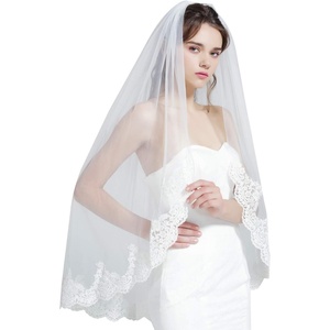 image:imageWedding Bridal Veil with Comb 1 Tier Lace Applique Edge Ivory Fingertip LengthClassic  Ivory