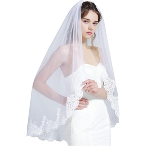 image:imageWedding Bridal Veil with Comb 1 Tier Lace Applique Edge Ivory Fingertip LengthClassic  White