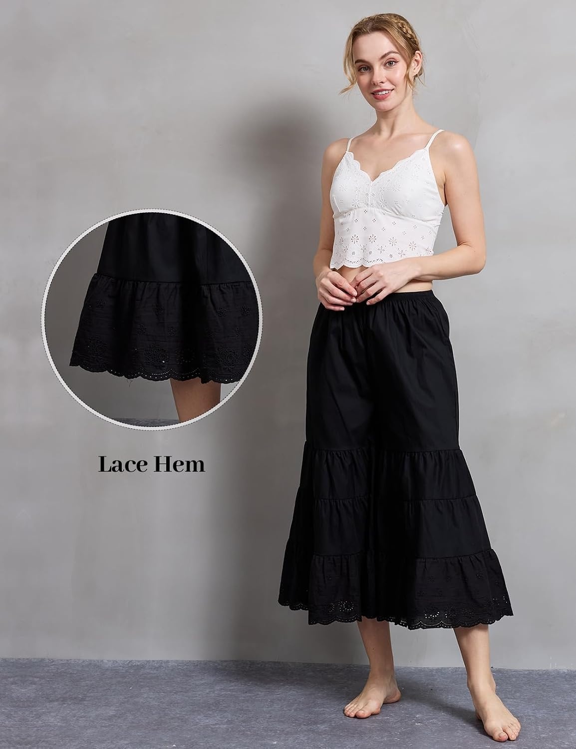 image:imageBEAUTELICATE Bloomers for Women 100 Cotton Wide Leg Half Slip Lace Trim Vintage Pettipants UnderdressBlack