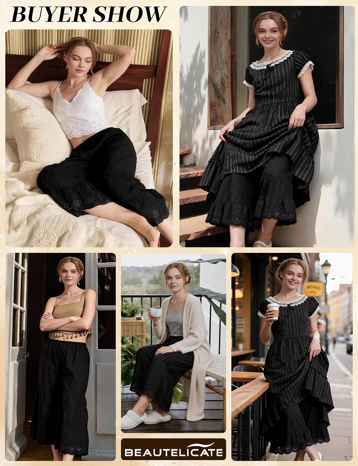 image:imageBEAUTELICATE Bloomers for Women 100 Cotton Wide Leg Half Slip Lace Trim Vintage Pettipants UnderdressBlack