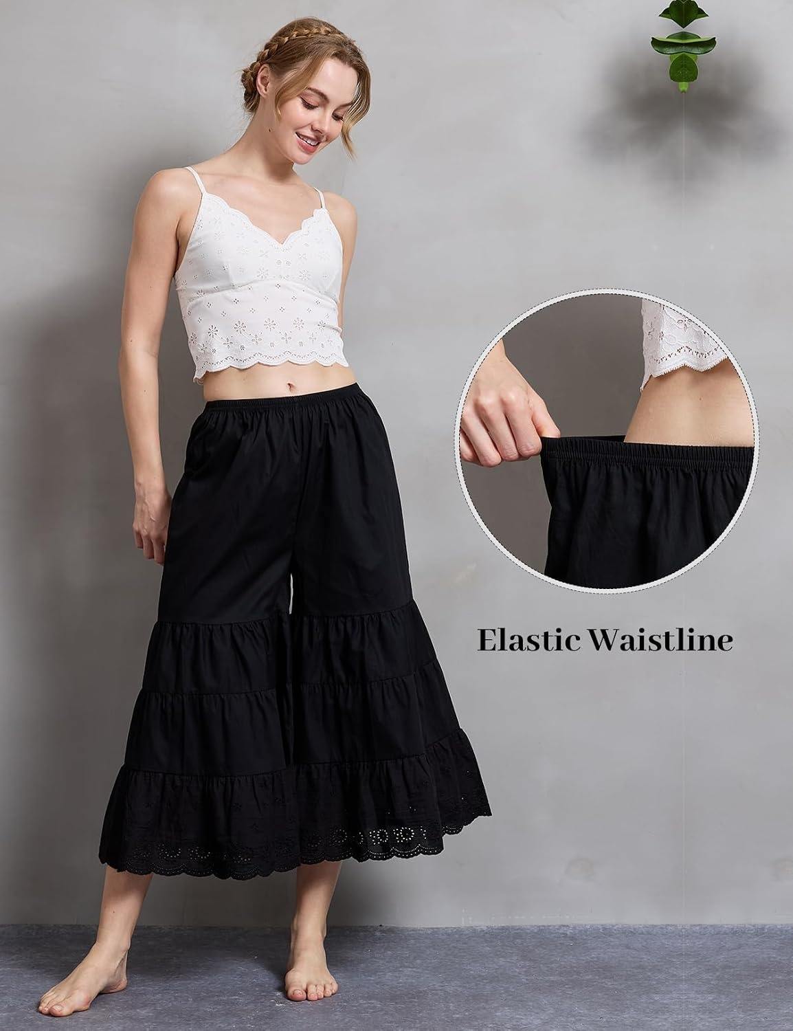 image:imageBEAUTELICATE Bloomers for Women 100 Cotton Wide Leg Half Slip Lace Trim Vintage Pettipants UnderdressBlack