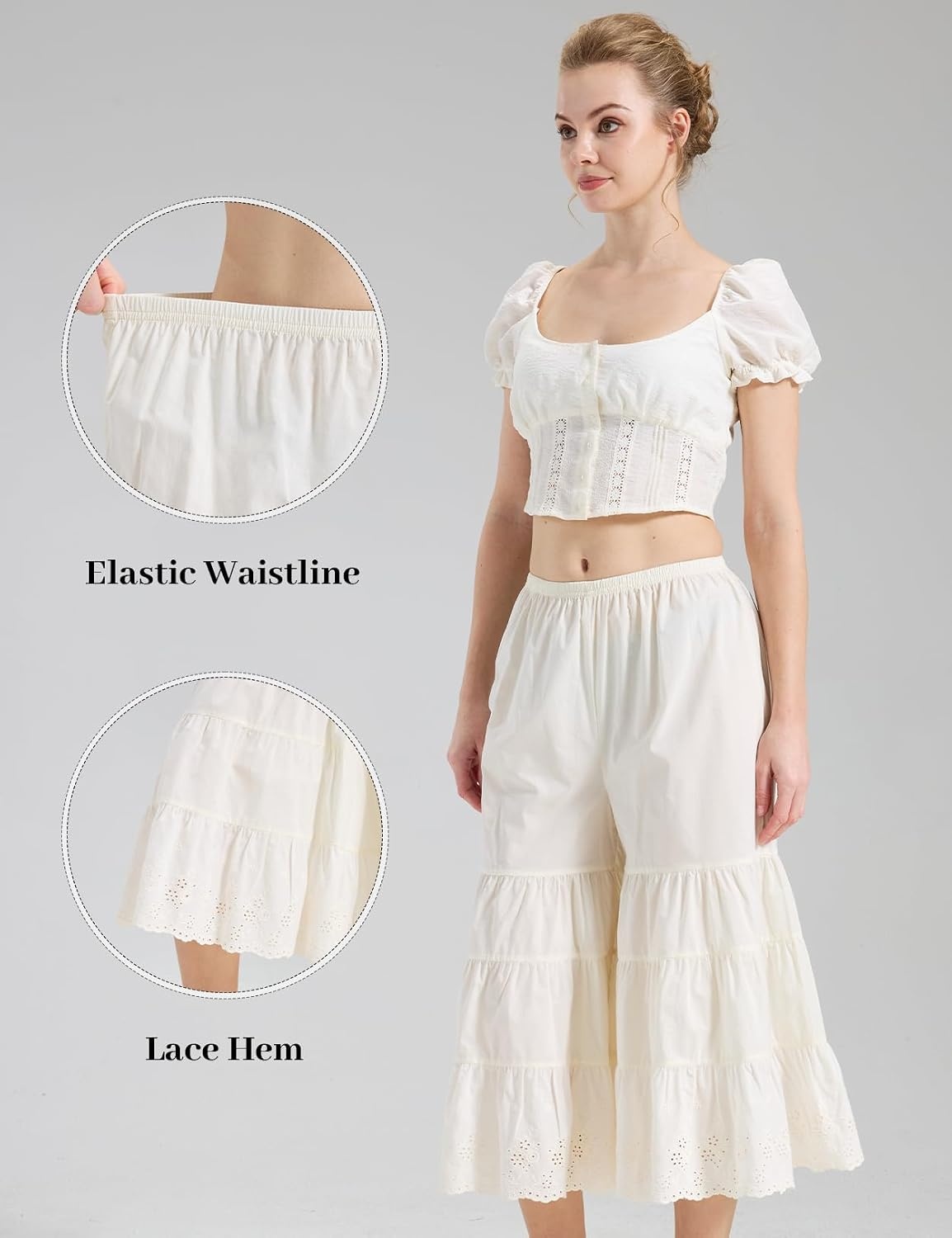 image:imageBEAUTELICATE Bloomers for Women 100 Cotton Wide Leg Half Slip Lace Trim Vintage Pettipants UnderdressCream